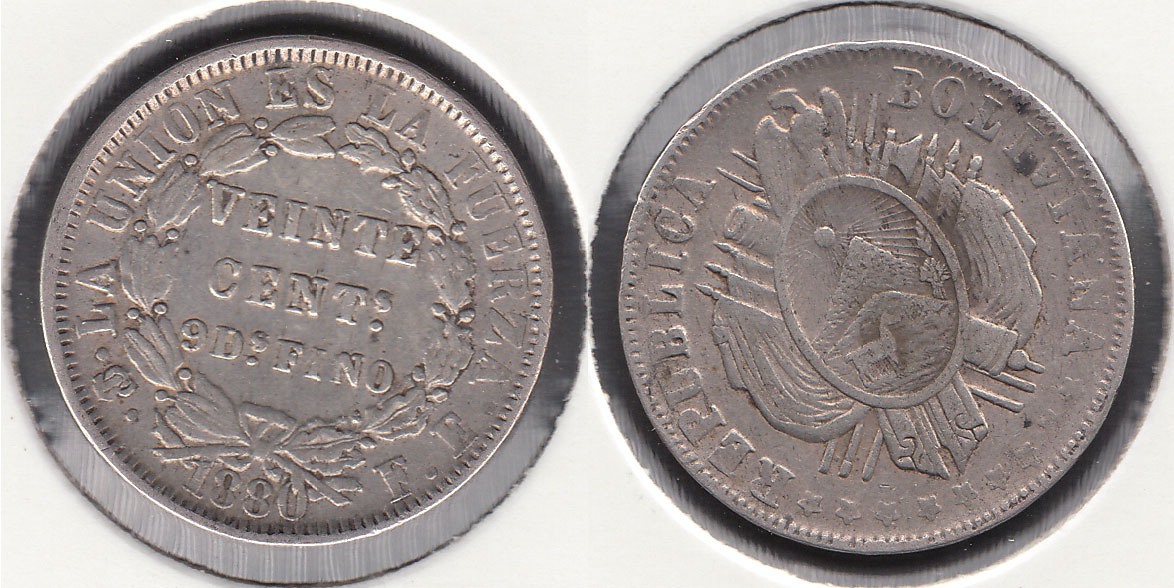 BOLIVIA. 20 CENTAVOS DE 1880 FE. PLATA 0.900.