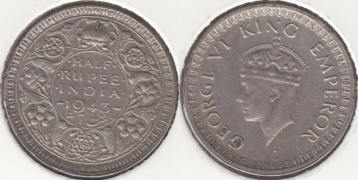 INDIA BRITANICA - BRITISH INDIA. 1/2 RUPIA (RUPEE) DE 1943. PLATA 0.500.