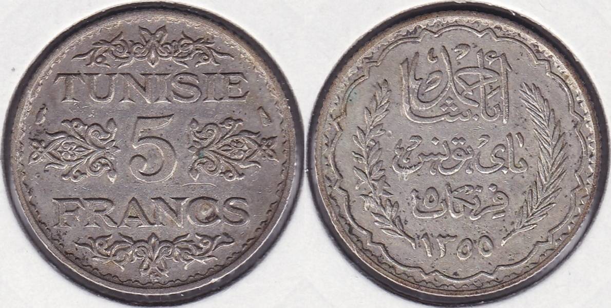 TUNEZ - TUNISIE. 5 FRANCOS (FRANCS) DE 1936. PLATA DE 0.680.