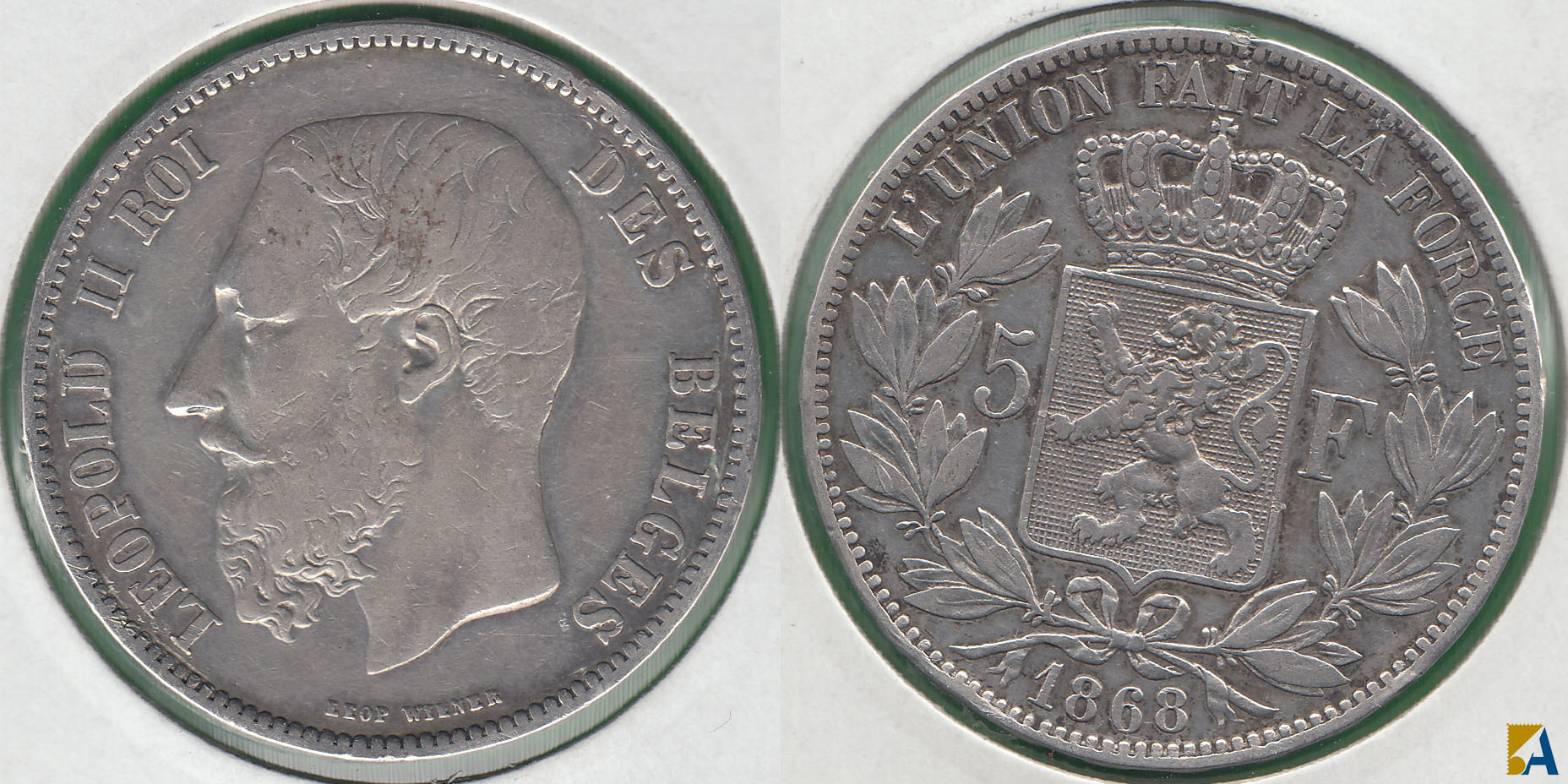BELGICA - BELGIUM. 5 FRANCOS (FRANCS) DE 1868. PLATA 0.900. (3)