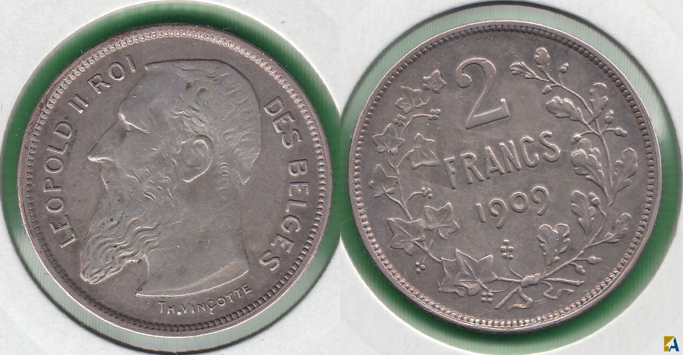 BELGICA - BELGIUM. 2 FRANCOS (FRANCS) DE 1909. PLATA 0.835.