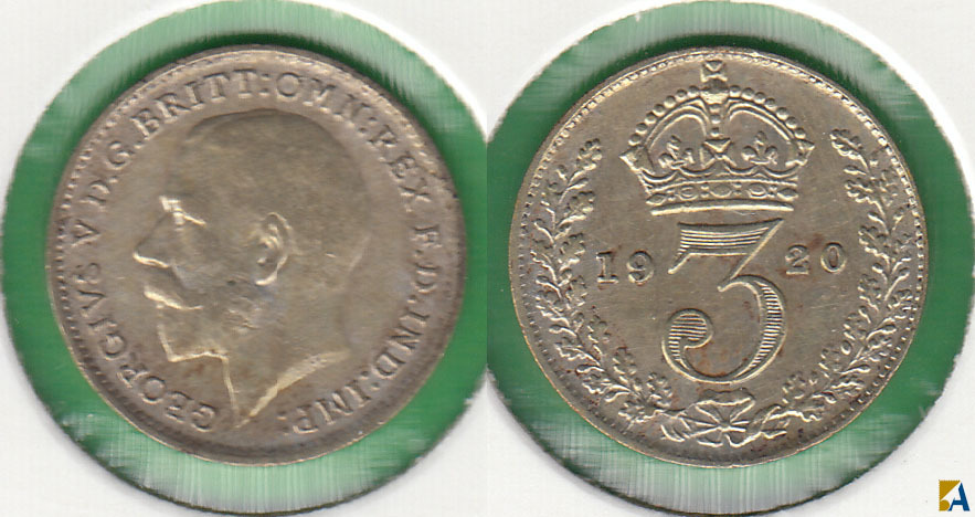 GRAN BRETAÑA - GREAT BRITAIN. 3 PENIQUES (PENCE) DE 1920. PLATA 0.500.