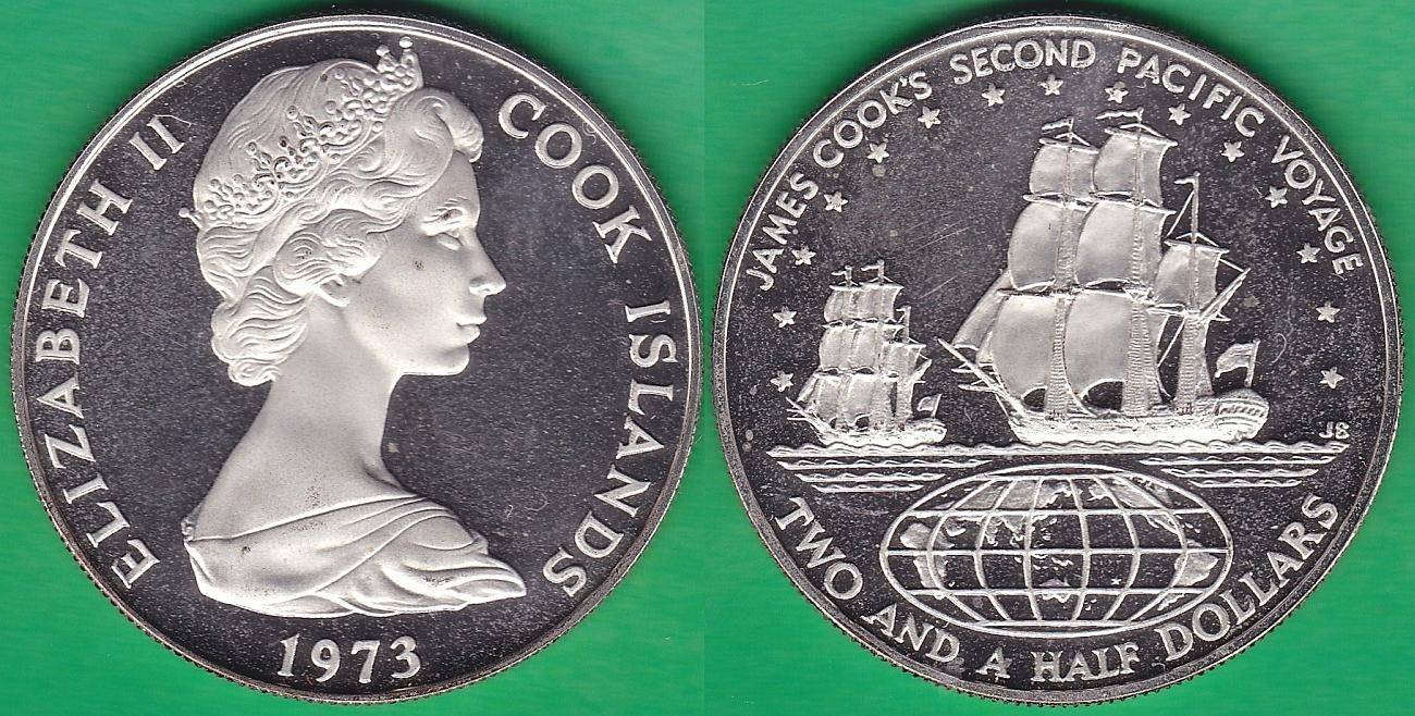 ISLAS COOK - COOK ISLANDS. 2 1/2 DOLLLARS (DOLARES) DE 1973. PLATA 0.9250.