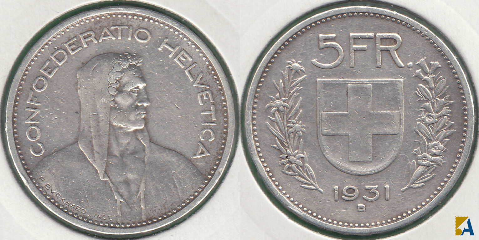 SUIZA - SWITZERLAND. 5 FRANCOS (FRANCS) DE 1931 B. PLATA 0.835.