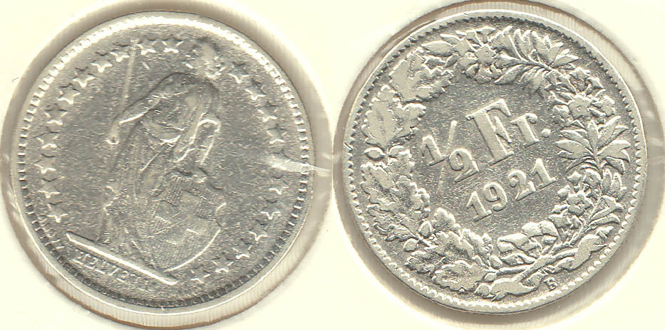 SUIZA - SWITZERLAND. 1/2 FRANCO (FRANC) DE 1921. PLATA 0.835.