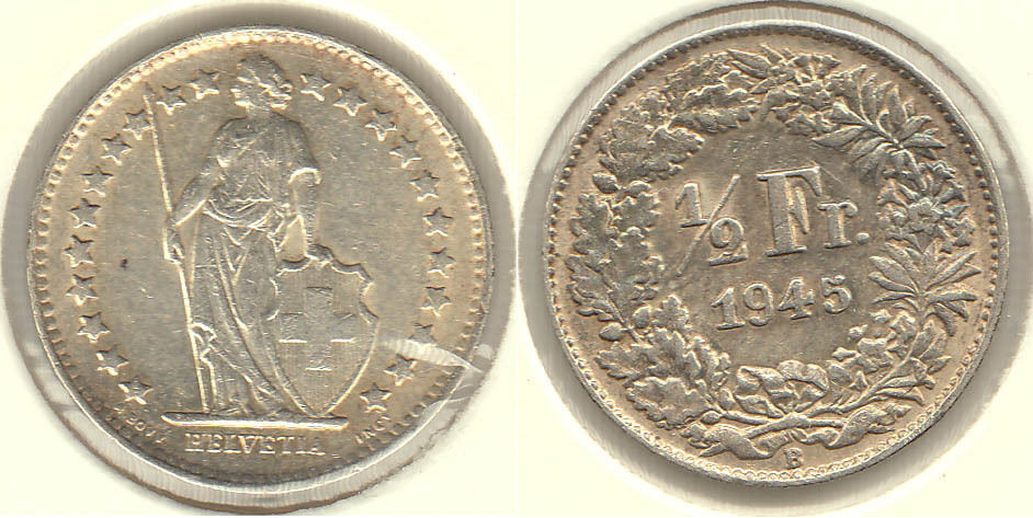 SUIZA - SWITZERLAND. 1/2 FRANCO (FRANC) DE 1945. PLATA 0.835. (2)