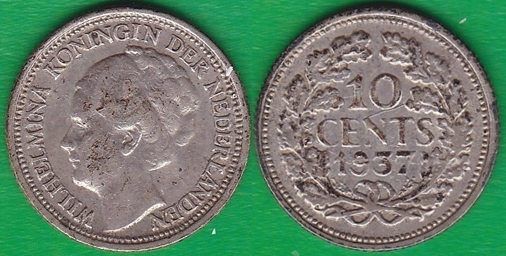HOLANDA - NETHERLAND. 10 CENTIMOS (CENTS) DE 1937. PLATA 0.640.