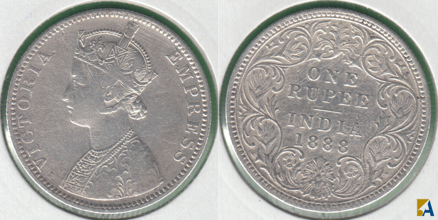 INDIA BRITANICA - BRITISH INDIA. 1 RUPIA (RUPEE) DE 1888. PLATA 0.917.