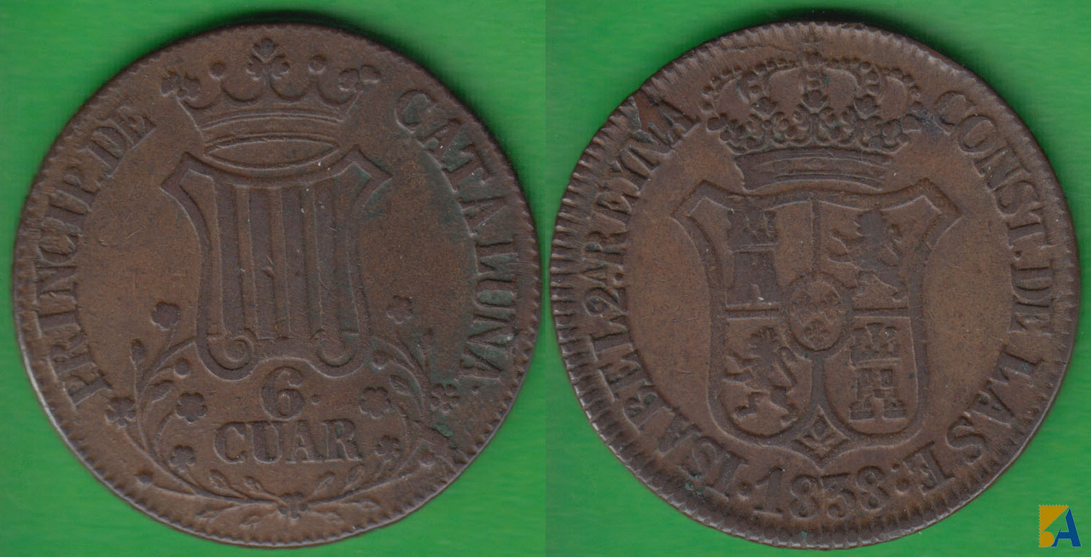 ESPAÑA. ISABEL II. 6 CUARTOS DE 1838.