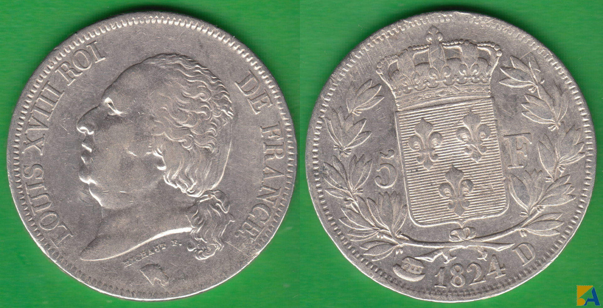 FRANCIA - FRANCE. 5 FRANCOS (FRANCS) DE 1824 D. LYON. PLATA 0.900.