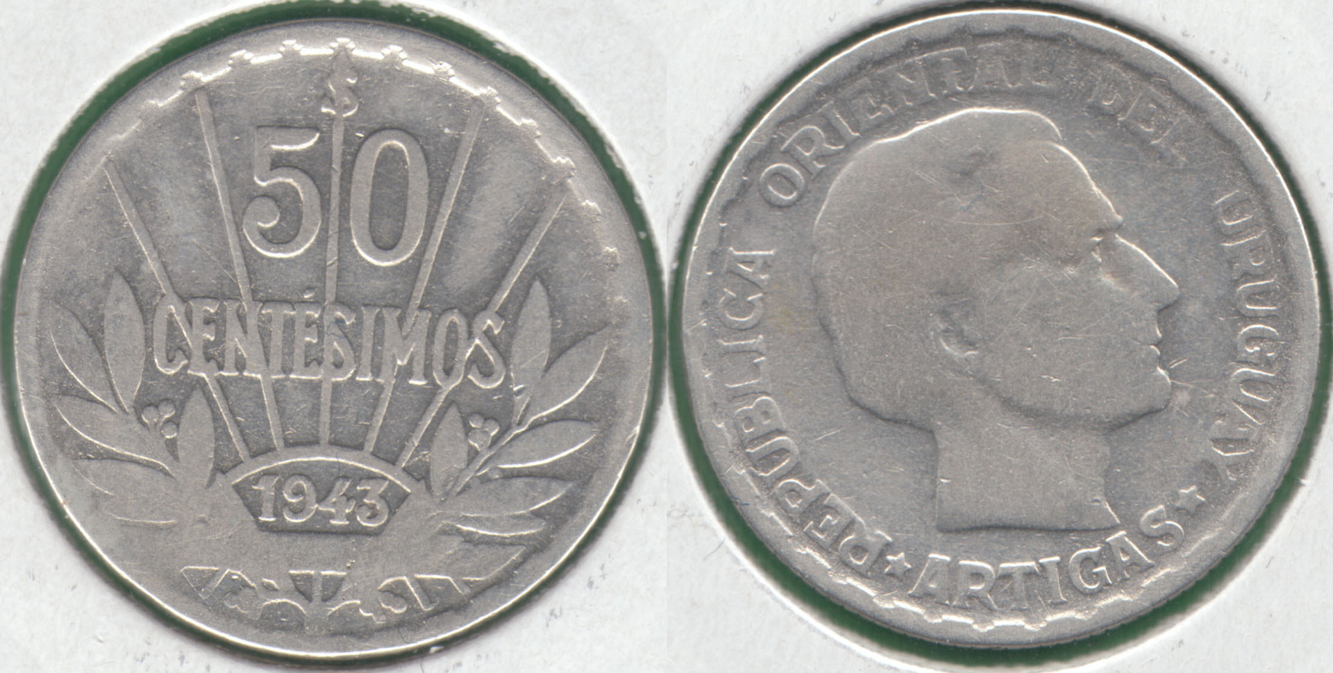 URUGUAY. 50 CENTESIMOS DE 1943 S. PLATA 0.720. (2)