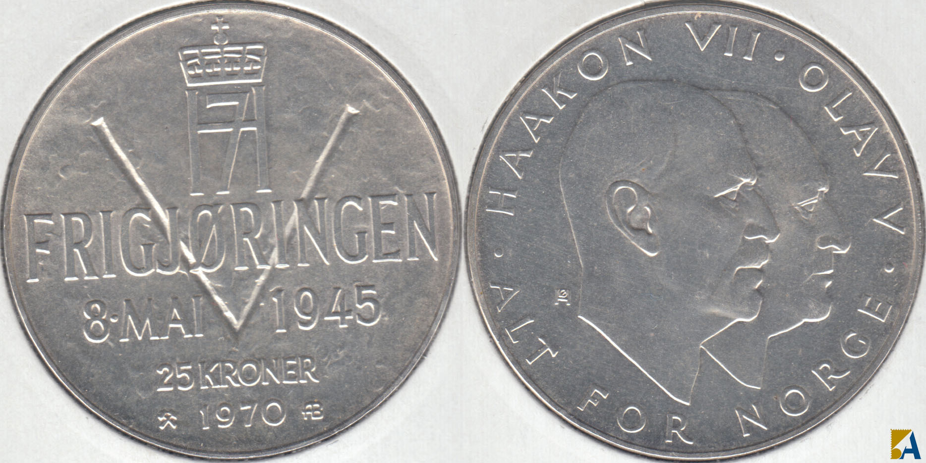 NORUEGA - NORWAY. 25 KRONER DE 1970. PLATA 0.875.