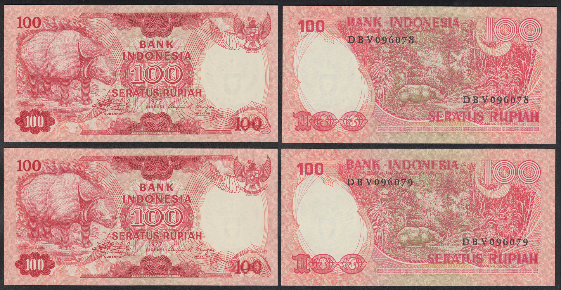 INDONESIA. 100 RUPIAS SERATUS (SERATUS RUPIAH) DE 1977. PAREJA CORRELATIVA. SIN CIRCULAR.