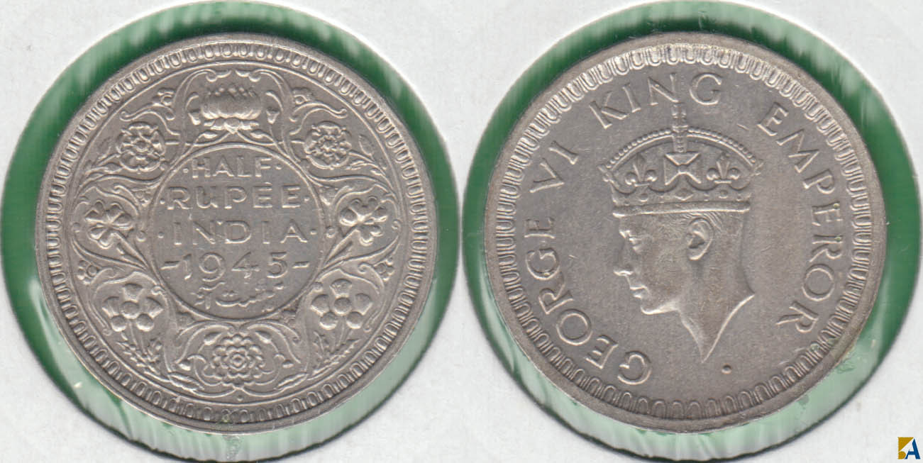 INDIA BRITANICA - BRITISH INDIA. 1/2 RUPIA (RUPEE) DE 1945. PLATA 0.500.