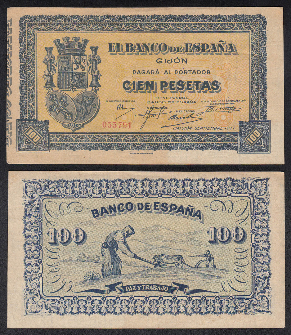 ESPAÑA. GIJON. 100 PESETAS DE 1937 NUMERADO. (S/C)
