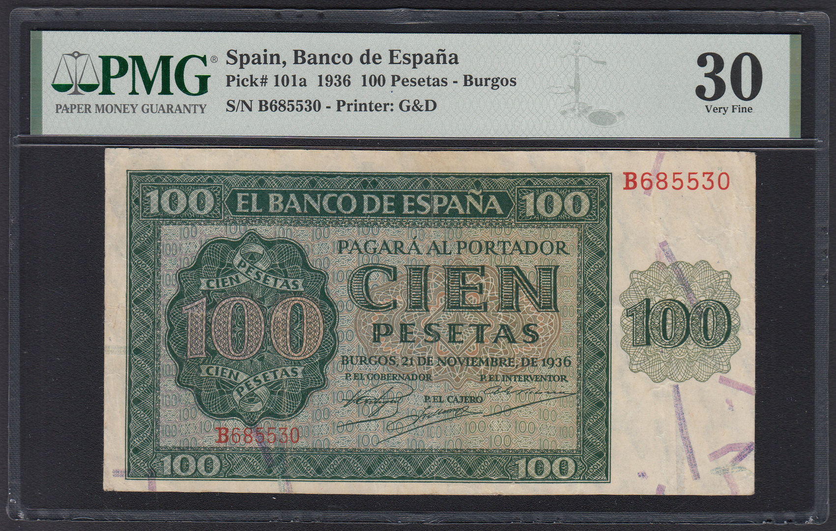 ESPAÑA. 100 PESETAS DE 1936. SERIE B. PMG 30.