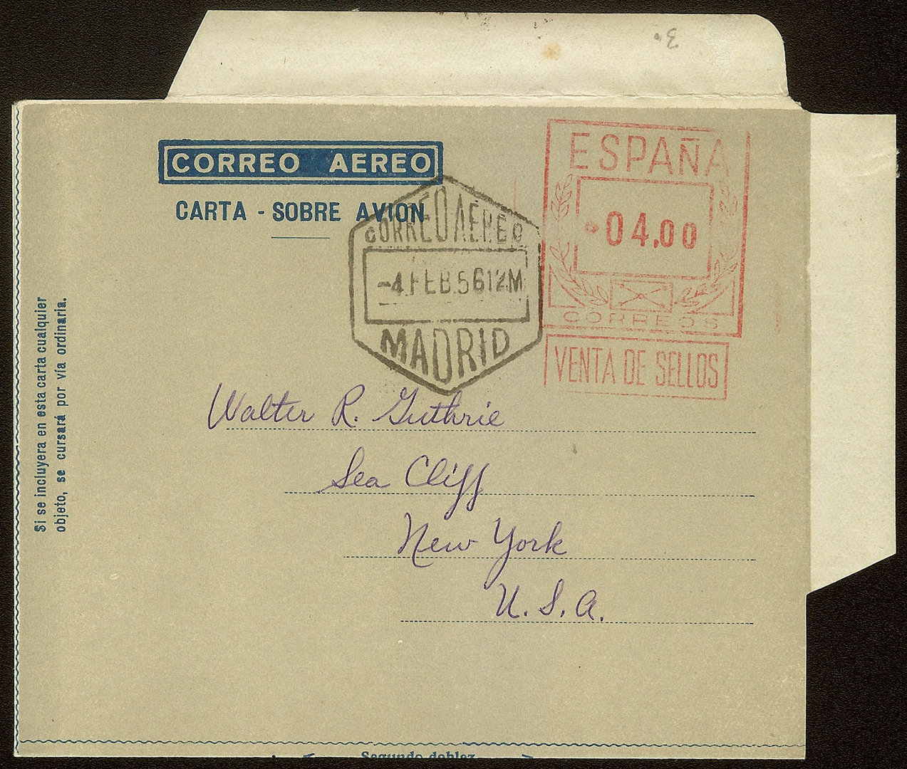 EDIFIL. AEROGRAMA Nº 58. USADO. MADRID A USA. 4/2/1956. (4)
