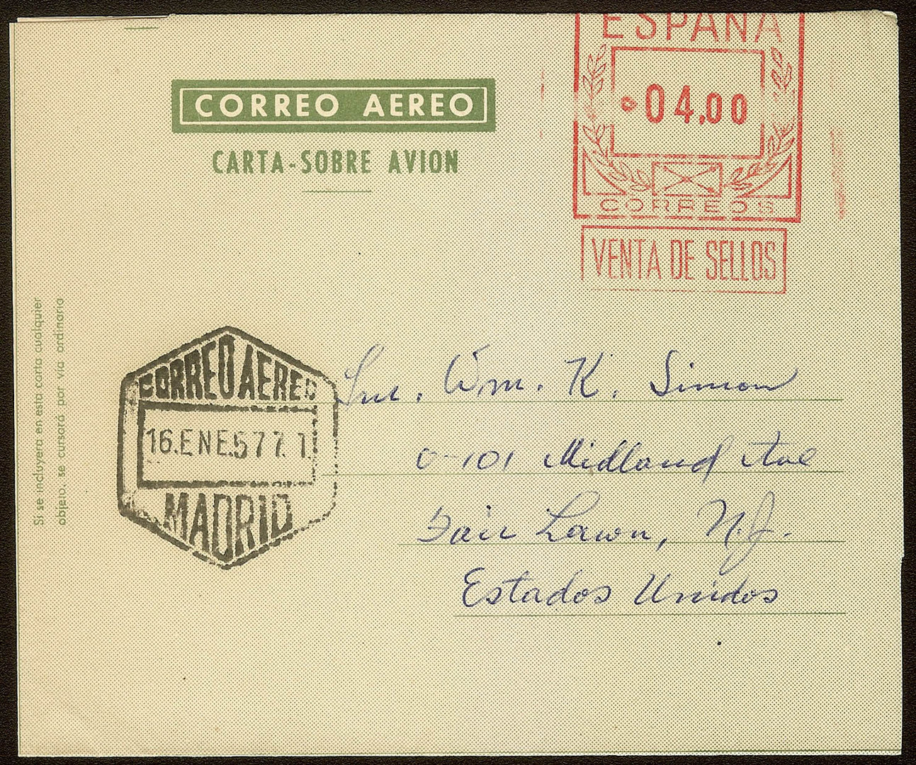 EDIFIL. AEROGRAMA Nº 64. USADO. CORREO AEREO MADRID. 16/01/1957. (4)