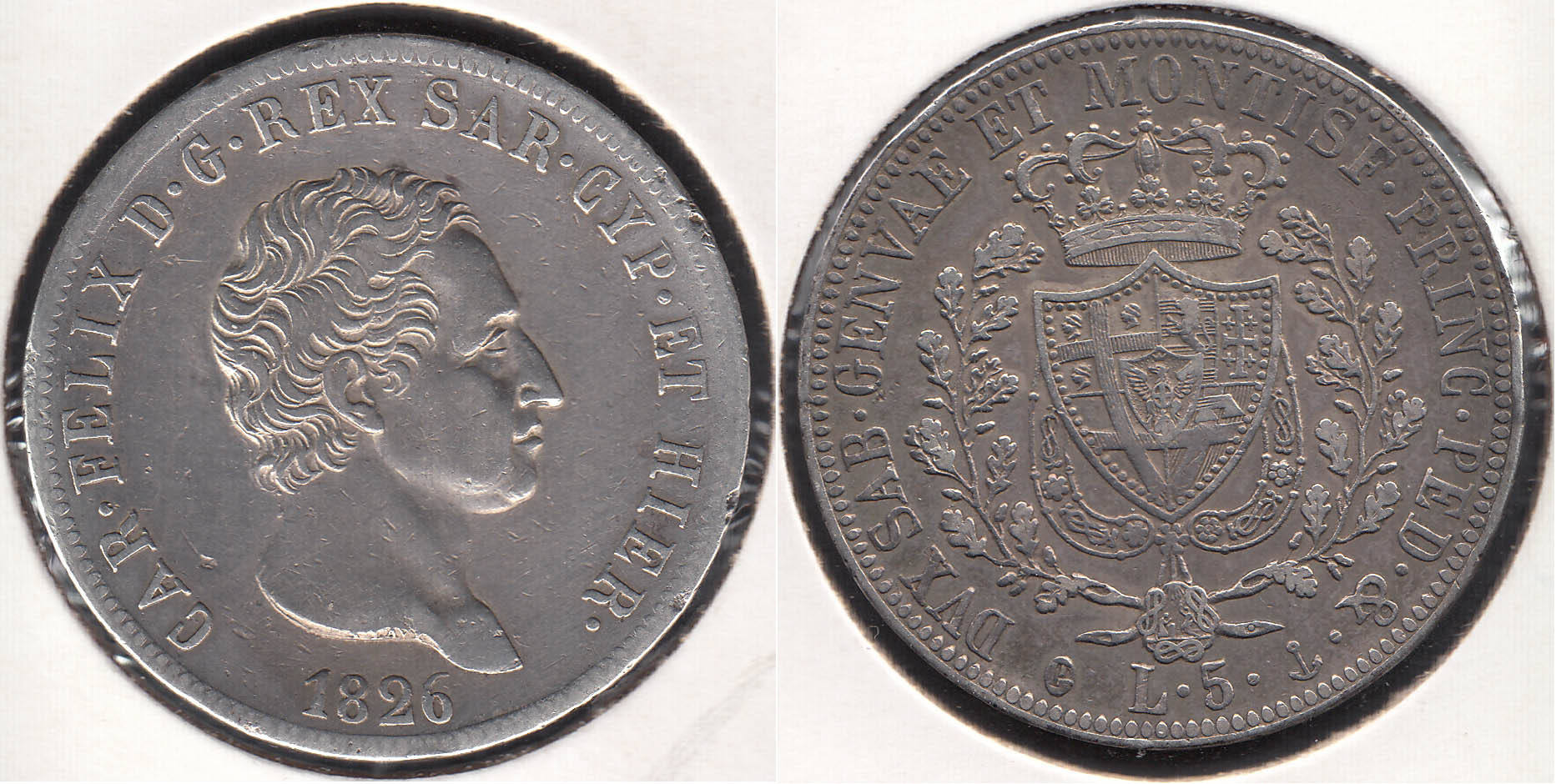 CERDEÑA - SARDINIA. 5 LIRAS DE 1826 P. PLATA 0.900.
