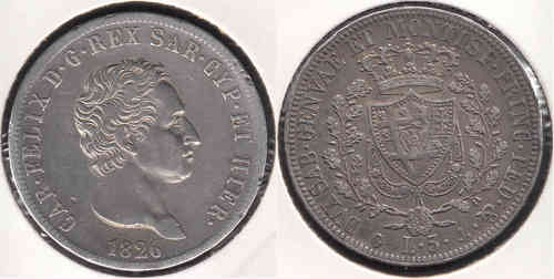 CERDEÑA - SARDINIA. 5 LIRAS DE 1826 P. PLATA 0.900.
