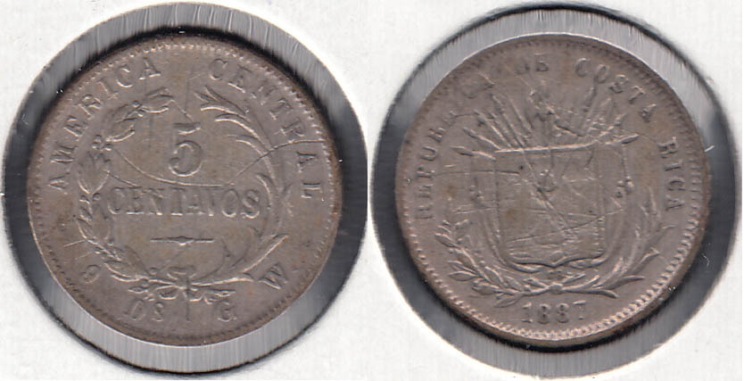 COSTA RICA. 5 CENTAVOS DE 1887. PLATA 0.750.