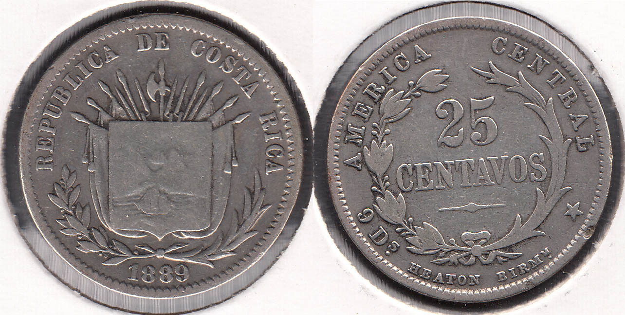 COSTA RICA. 25 CENTAVOS DE 1889. PLATA 0.750.
