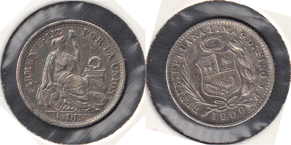 PERU. 1/2 DINERO DE 1906 JF. PLATA 0.900.