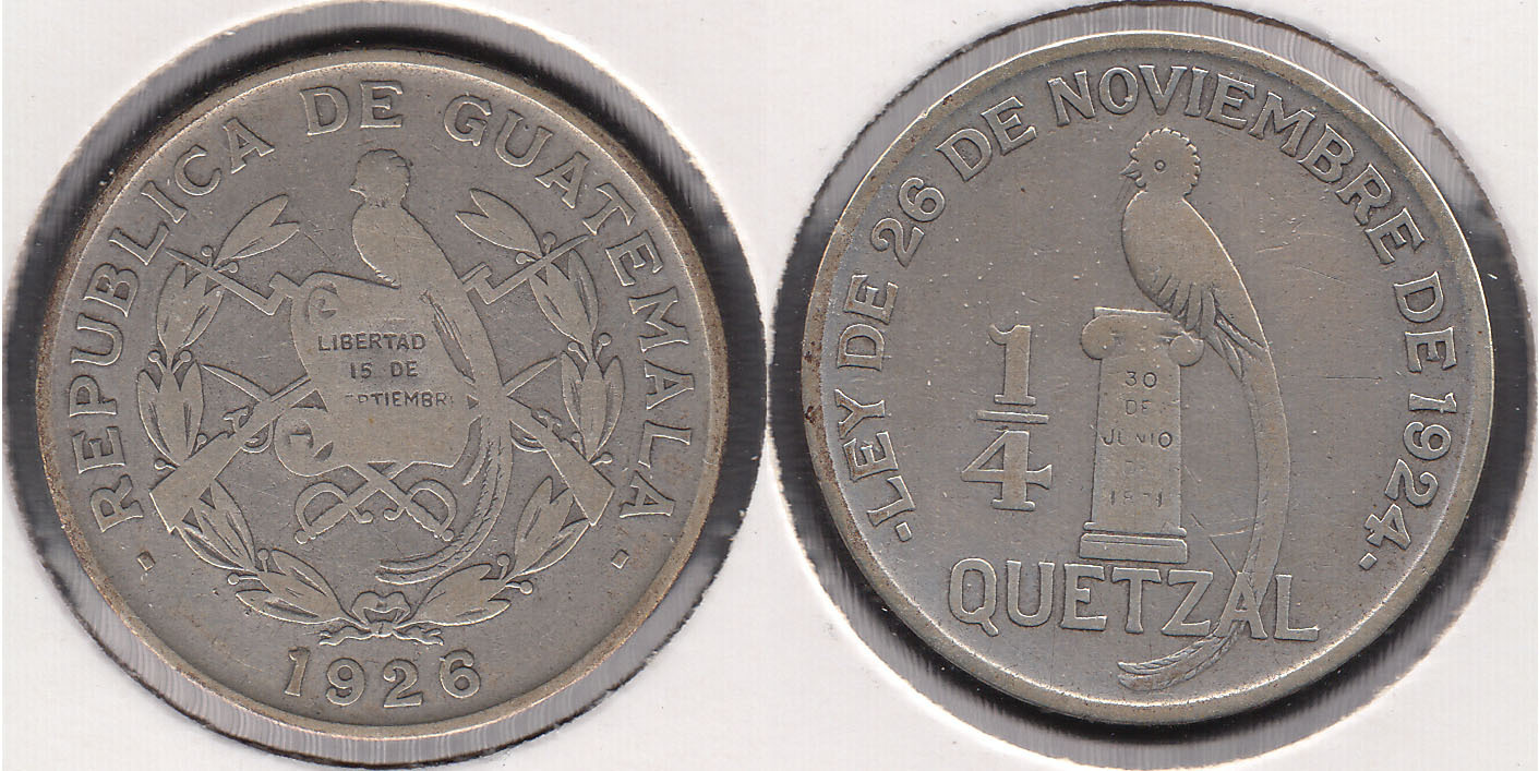 GUATEMALA. 1/4 DE QUETZAL DE 1926. PLATA 0.720.