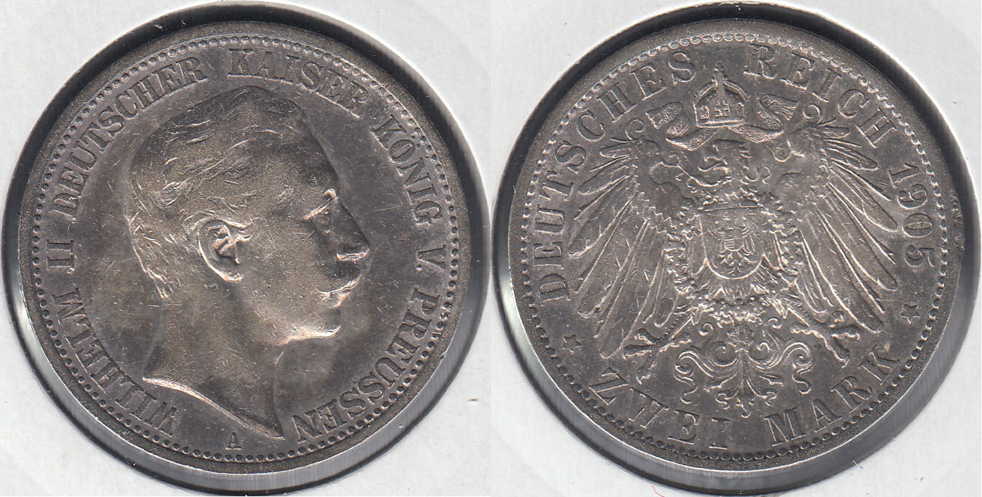 PRUSIA - PRUSSIA. 2 MARCOS (MARK) DE 1905 A. PLATA 0.900.