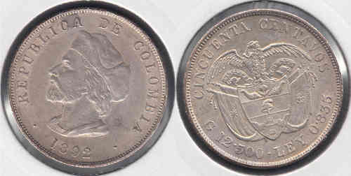 COLOMBIA. 50 CENTAVOS DE 1892. PLATA 0.835.