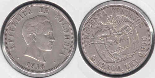 COLOMBIA. 50 CENTAVOS DE 1916. PLATA 0.900.