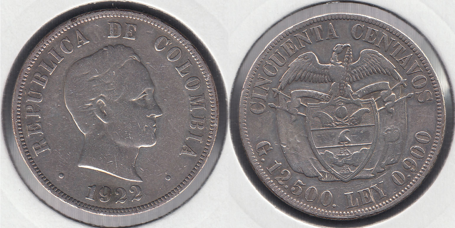 COLOMBIA. 50 CENTAVOS DE 1922. PLATA 0.900.