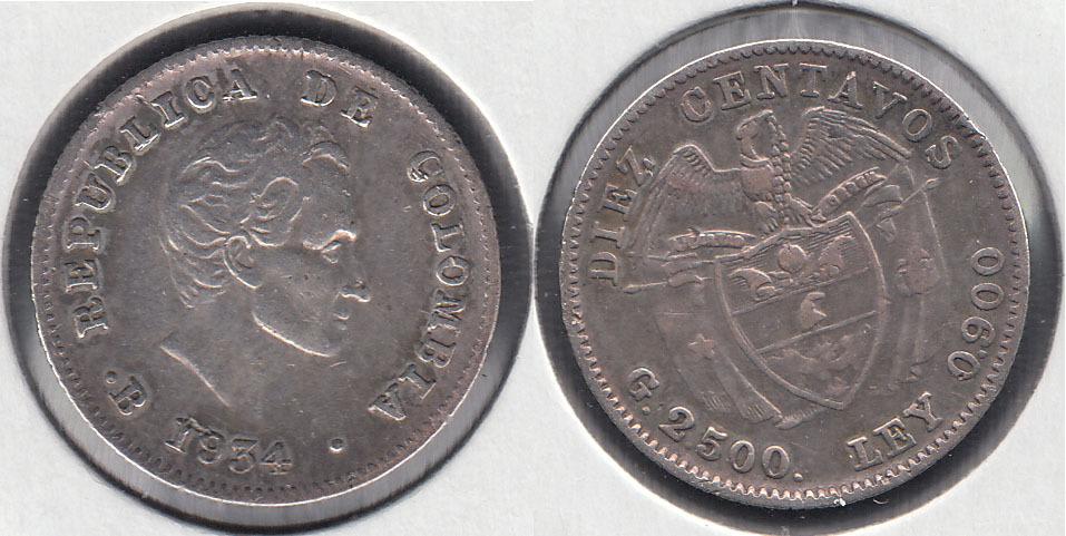 COLOMBIA. 10 CENTAVOS DE 1934 B. PLATA 0.900.