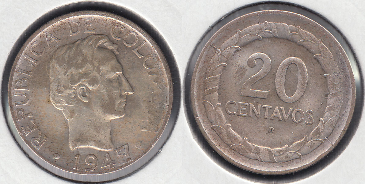 COLOMBIA. 20 CENTAVOS DE 1947 B. PLATA 0.500.