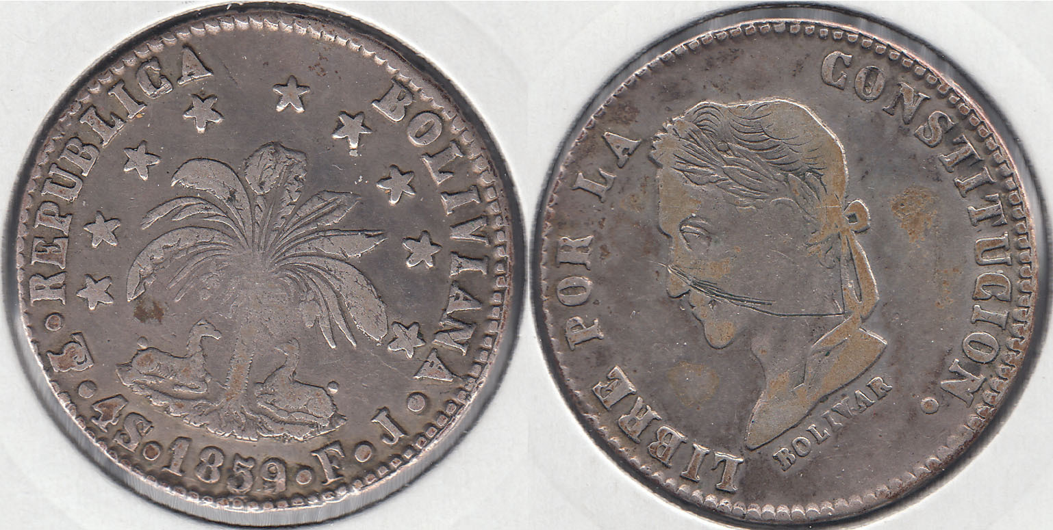 BOLIVIA. 4 SOLES DE 1859 FJ. PLATA 0.667.