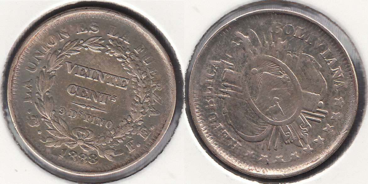 BOLIVIA. 20 CENTAVOS DE 1888 FE. PLATA 0.900.