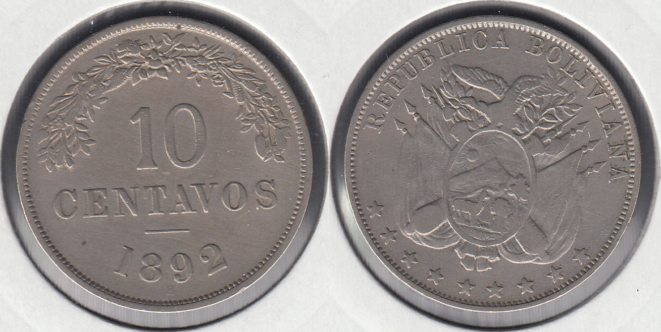 BOLIVIA. 10 CENTAVOS DE 1892 H.