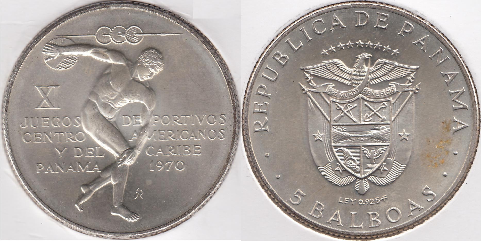 PANAMA. 5 BALBOAS DE 1970. PLATA 0.925.