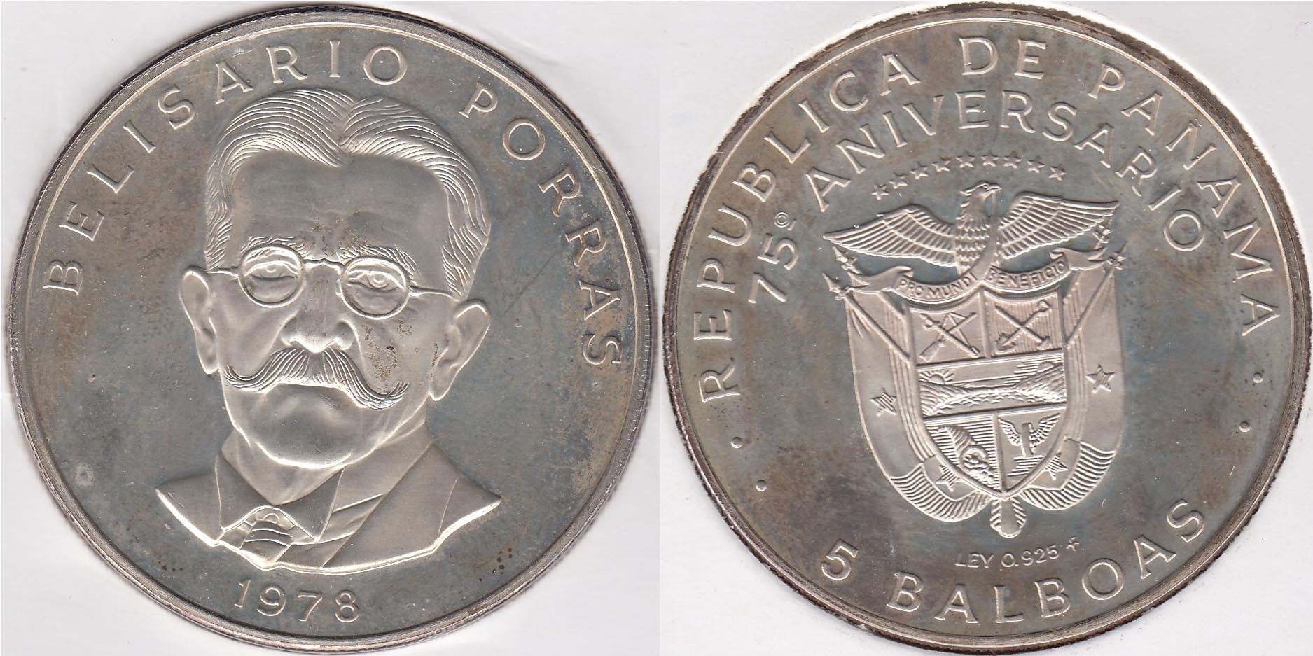PANAMA. 5 BALBOAS DE 1978. PLATA 0.925.