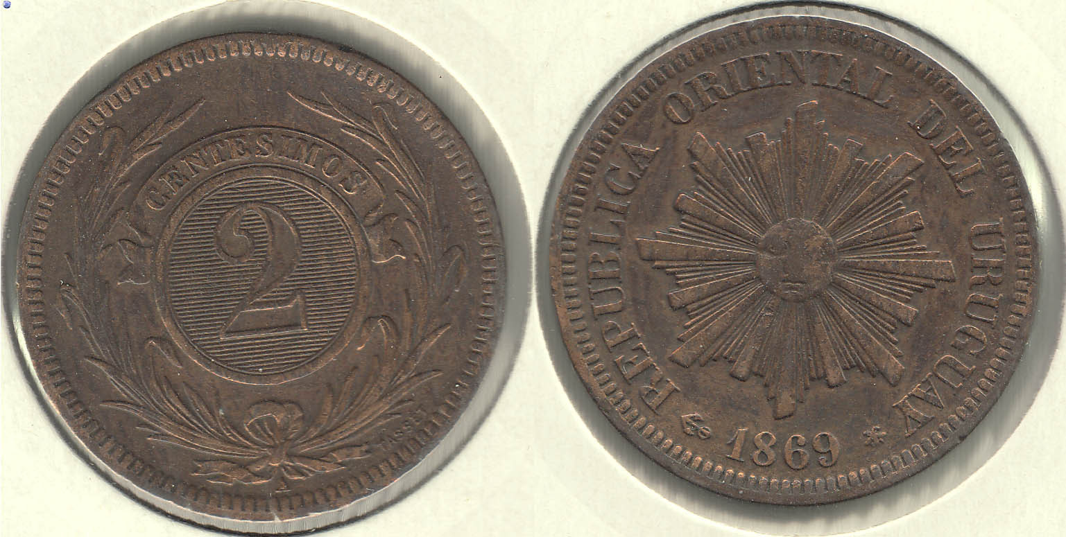 URUGUAY. 2 CENTESIMOS DE 1869 A.