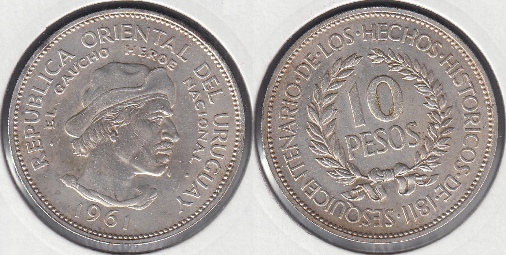 URUGUAY. 10 PESOS DE 1961. PLATA 0.900.