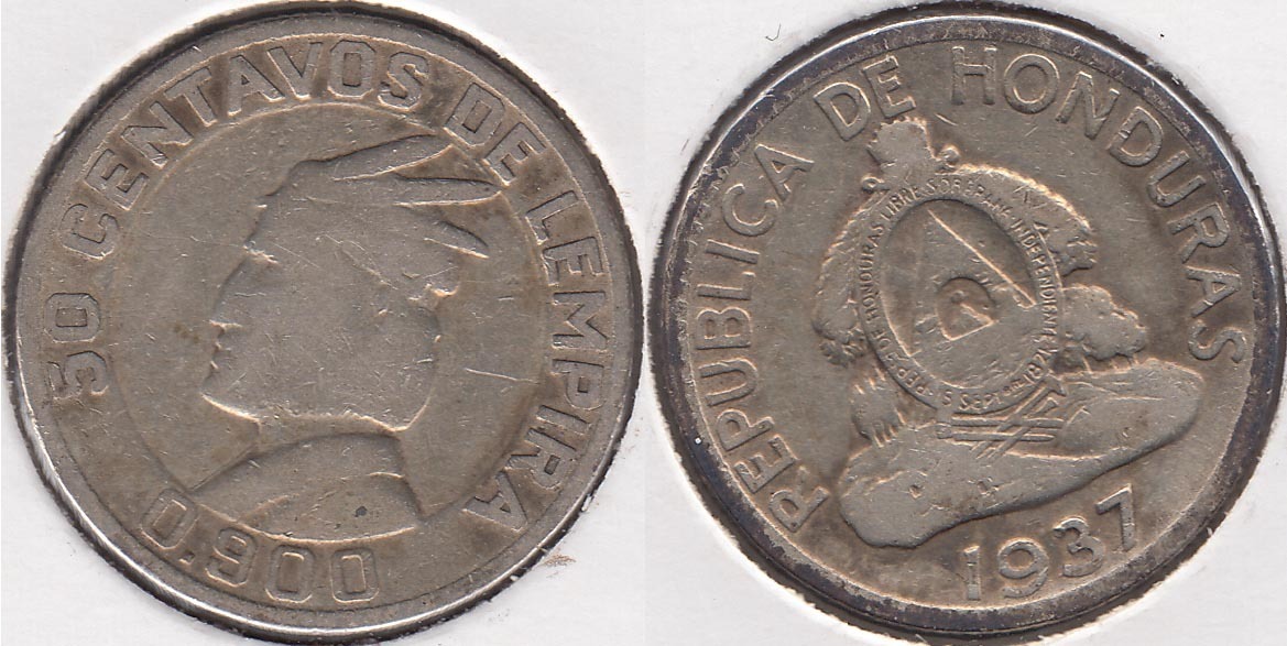 HONDURAS. 50 CENTAVOS DE 1937. PLATA 0.900.
