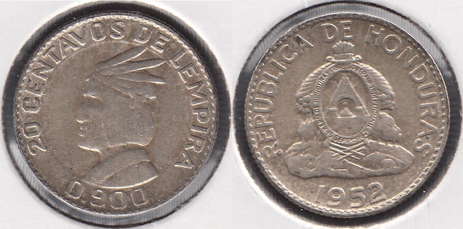 HONDURAS. 20 CENTAVOS DE 1952. PLATA 0.900.