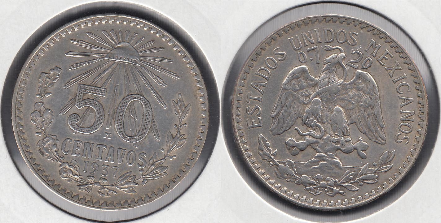 MEJICO - MEXICO. 50 CENTAVOS DE 1937. PLATA 0.720.
