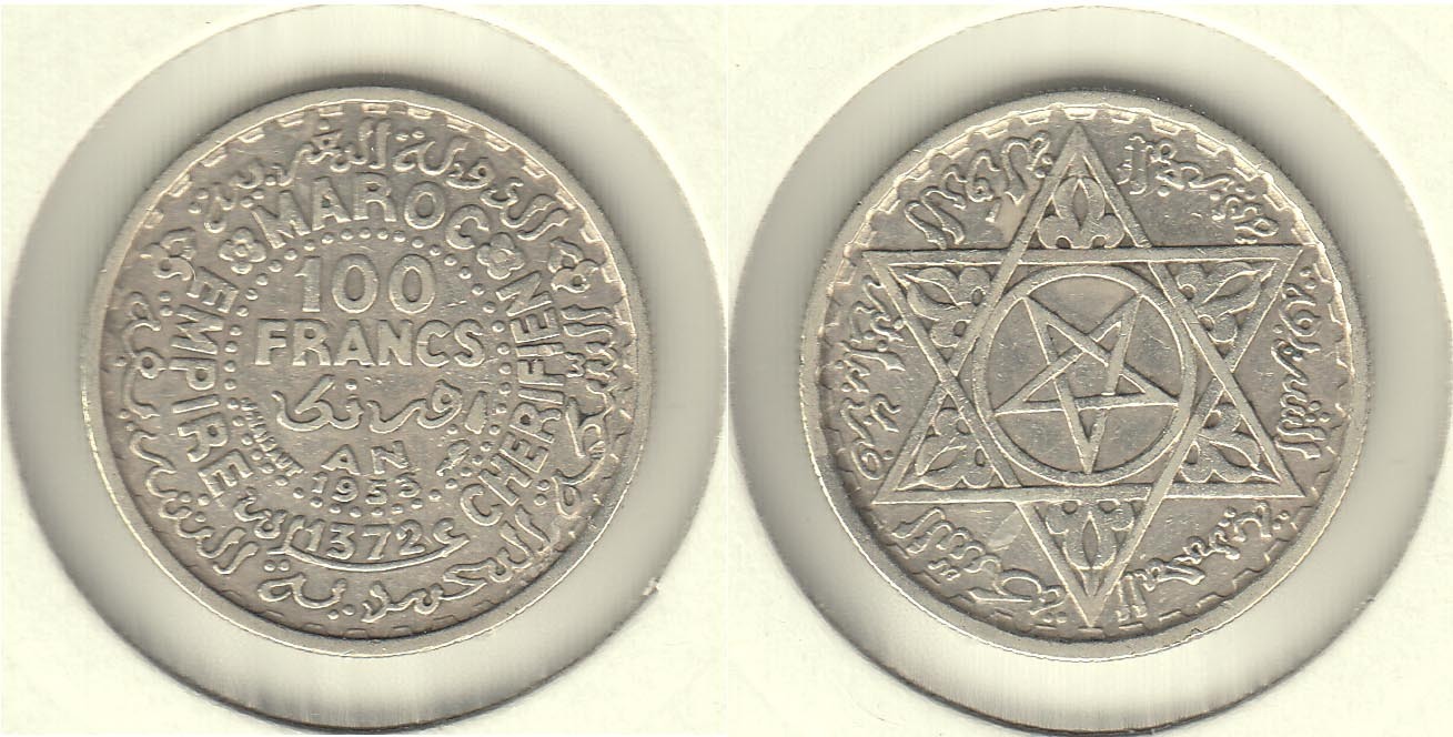 MARRUECOS - MOROCCO. 100 FRANCOS (FRANCS) DEL AH 1372 PA. PLATA 0.720.