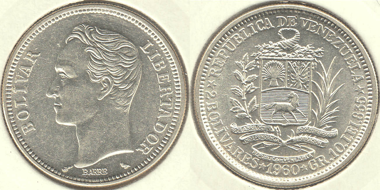 VENEZUELA. 2 BOLIVARES DE 1960. PLATA 0.835.
