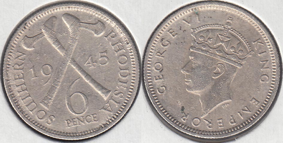 RHODESIA DEL SUR - SOUTHERN. 6 PENIQUES (PENCE) DE 1945. PLATA 0.500.