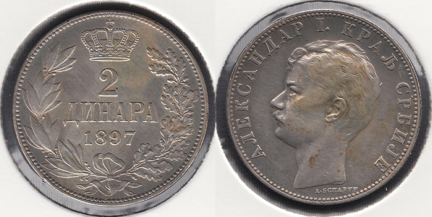 SERBIA. 2 DINARA DE 1897. PLATA 0.835.