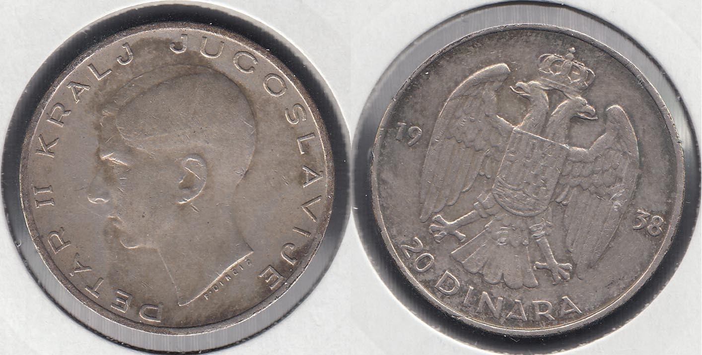 YUGOSLAVIA. 20 DINARA DE 1938. PLATA 0.750.