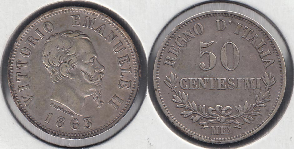ITALIA. 50 CENTESIMI DE 1863 MBN. PLATA 0.835.